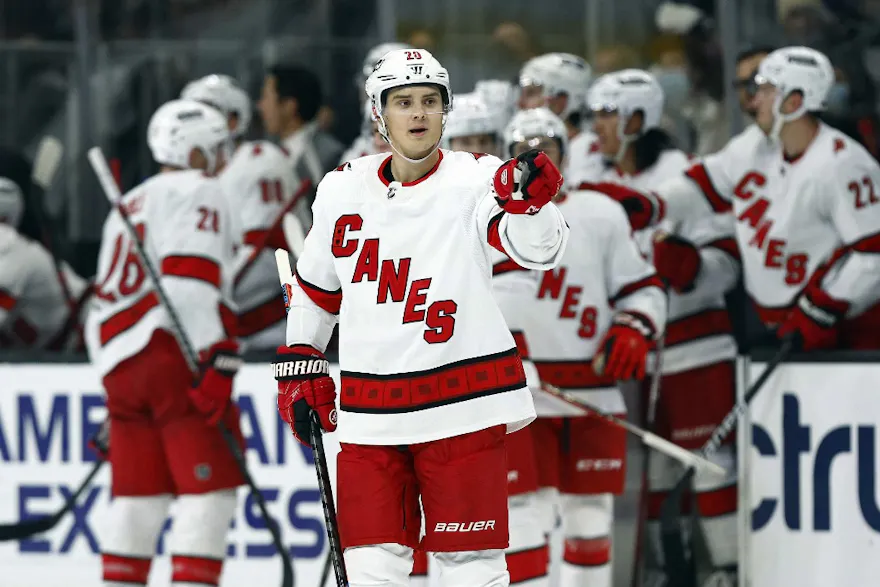 Sebastian Aho of the Carolina Hurricanes celebrates a goal as look at Fanatics signing a deal with the Carolina Hurricanes.