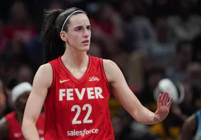 Indiana Fever guard Caitlin Clark (22) reacts as we offer our best Fever vs. Mystics prediction and expert picks for Friday's WNBA matchup at Capital One Arena in Washington, D.C.