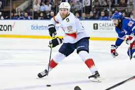 Florida Panthers center Sam Bennett plays the puck as we look at our Oilers vs. Panthers player props for Saturday's Game 1.