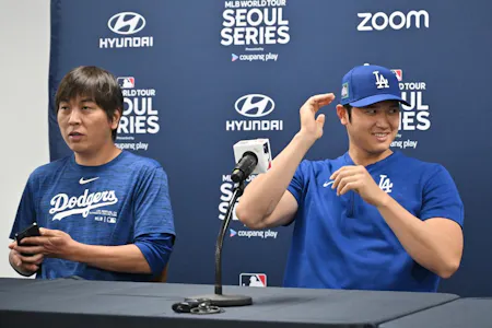 Los Angeles Dodgers star Shohei Ohtani and his interpreter Ippei Mizuhara attending a press conference at Gocheok Sky Dome in Seoul ahead of the 2024 MLB Seoul Series.