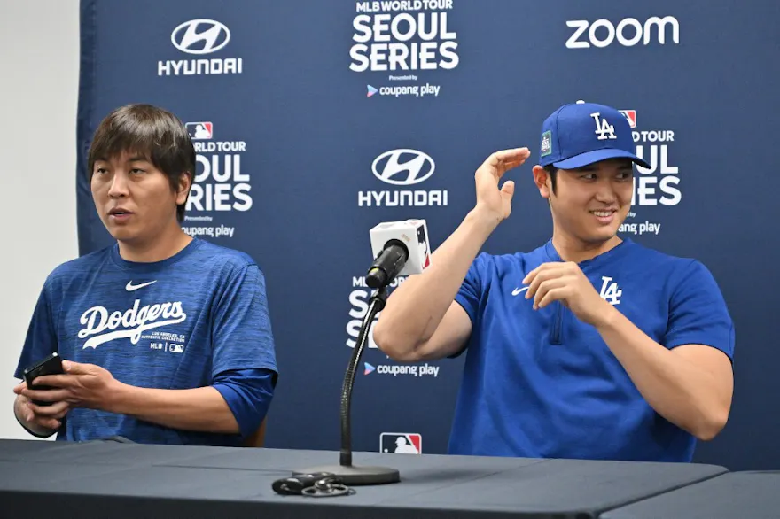 Los Angeles Dodgers star Shohei Ohtani and his interpreter Ippei Mizuhara attending a press conference at Gocheok Sky Dome in Seoul ahead of the 2024 MLB Seoul Series.