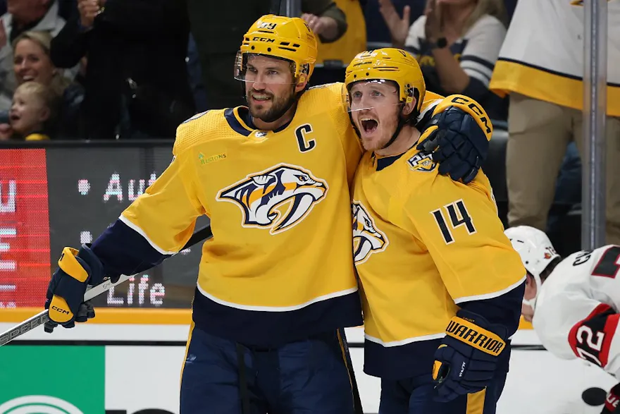 Roman Josi #59 and Gustav Nyquist #14 of the Nashville Predators celebrate as we look at our best NHL player props and picks for Thursday.