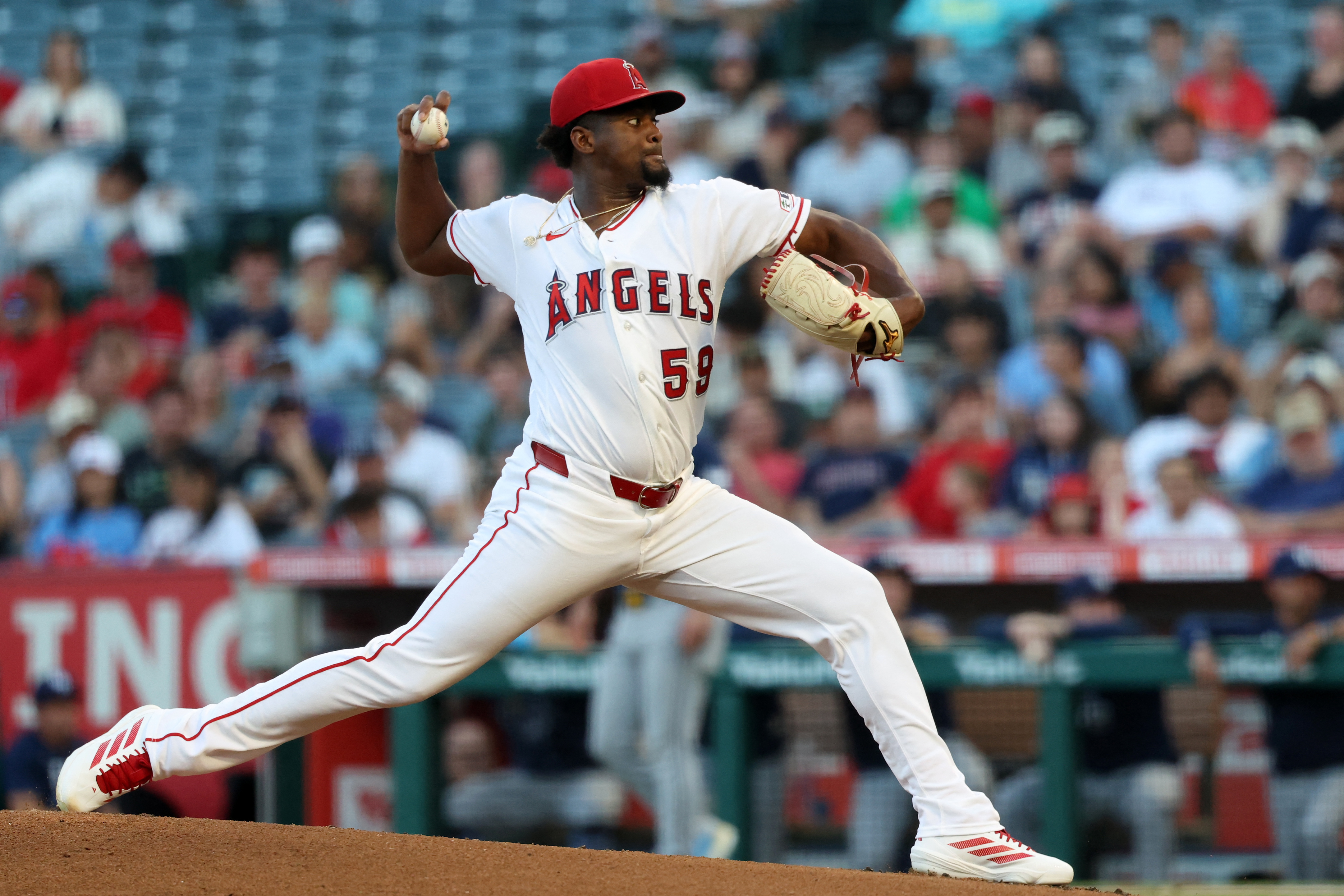 Los Angeles Angels pitcher Jose Soriano - who's featured in my best strikeout props today - pitches.