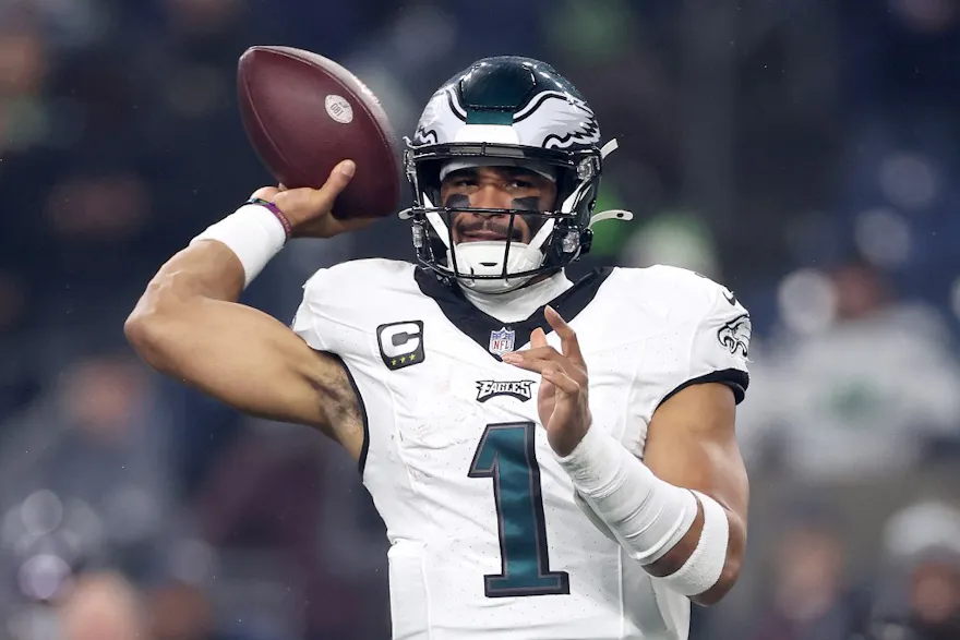 Jalen Hurts #1 of the Philadelphia Eagles passes during the first quarter as we look at Pennsylvania's legal sports betting financials from November 2023.