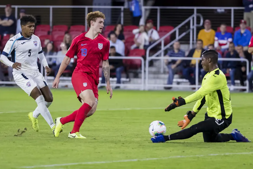 Nelson Johnston of Cuba makes a save against Josh Sargent of the United States during the first half at Audi Field on October 11, 2019 in Washington, DC.