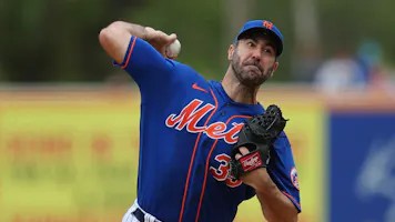New York Mets starting pitcher Justin Verlander throws during the second inning of a baseball game against the St. Louis Cardinals.