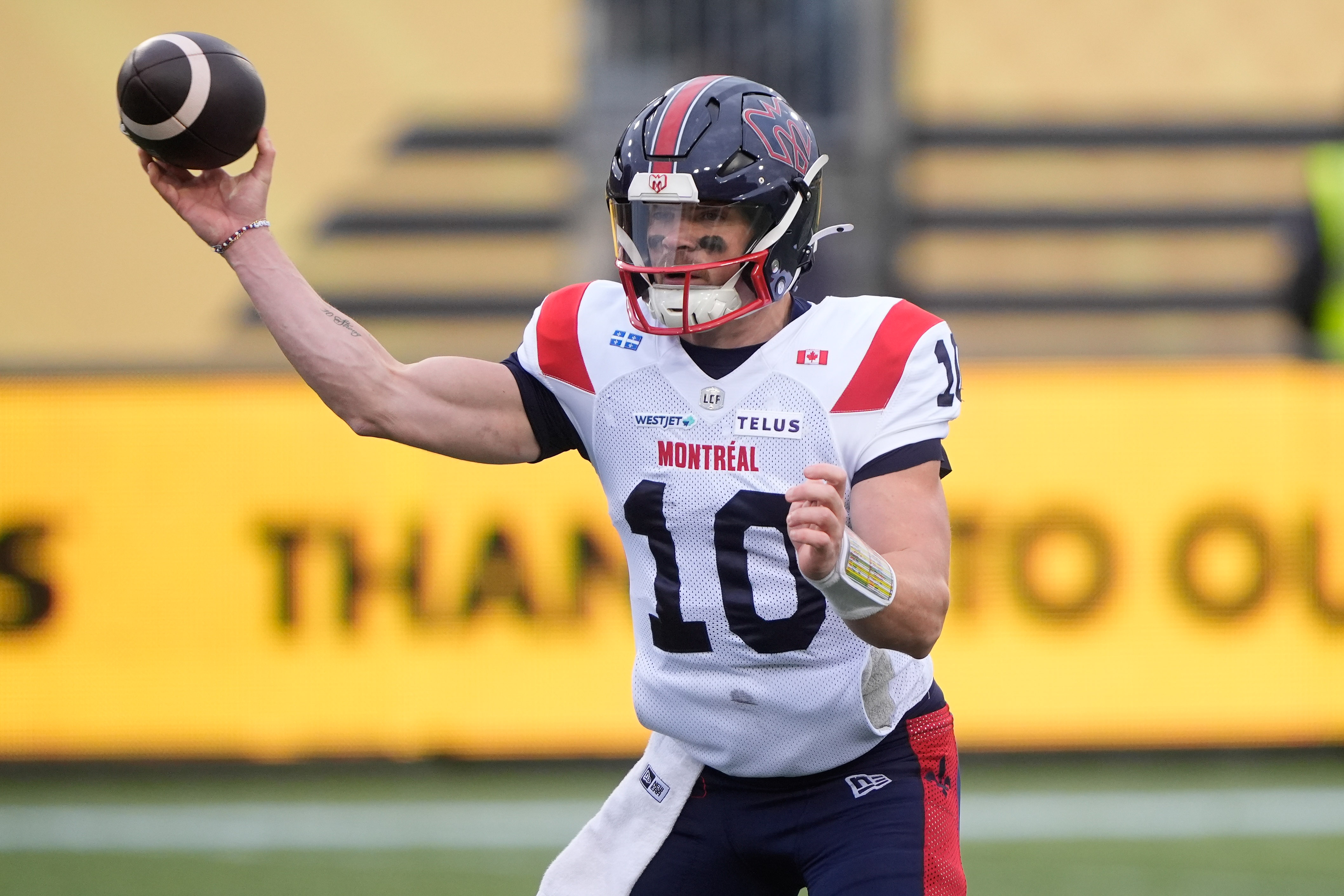 Montreal Alouettes quarterback Davis Alexander (10) throws as we break down our Alouettes vs. Redblacks prediction.