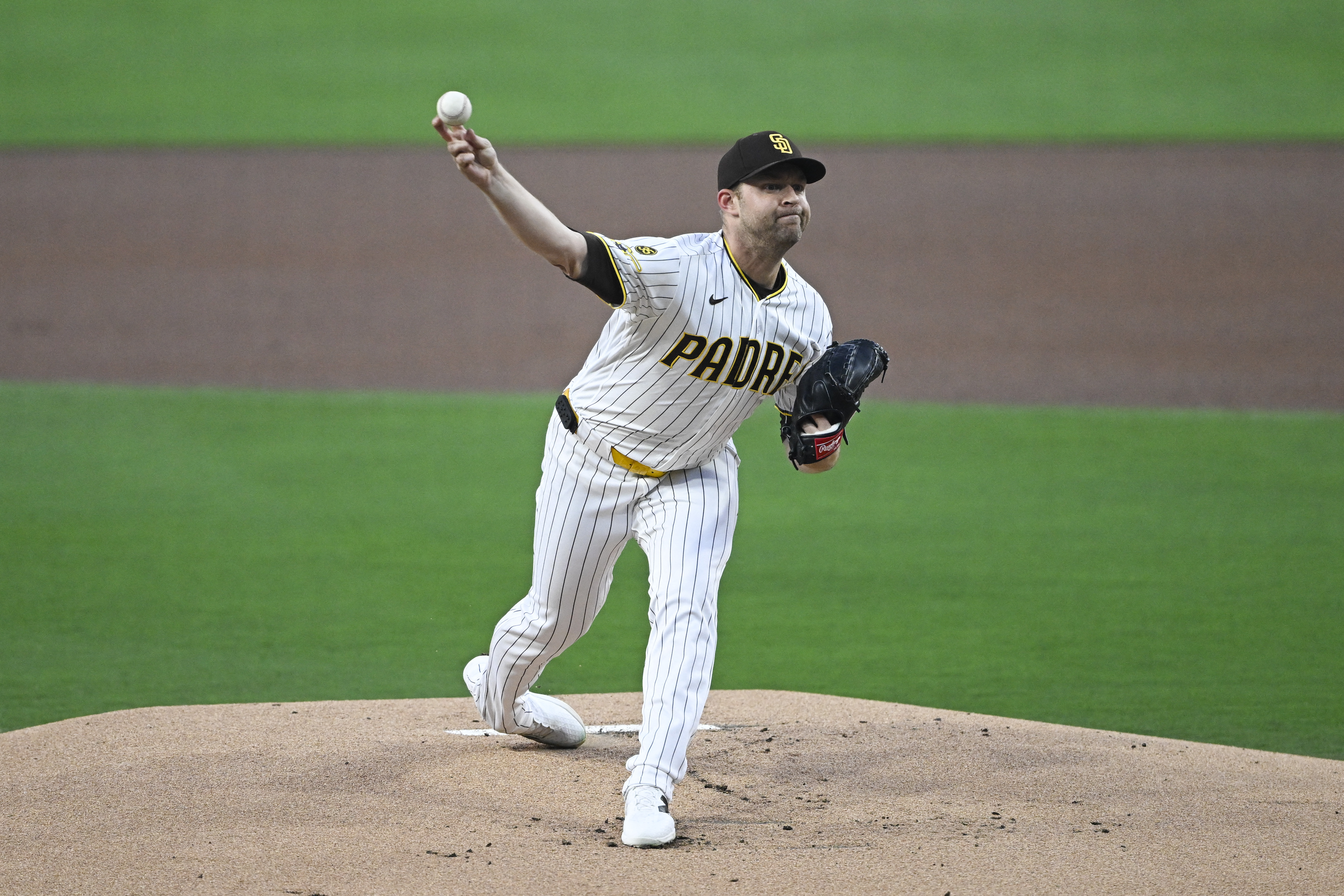 San Diego Padres starting pitcher Michael King (34) delivers as he is featured in our Best NRFI bets today.
