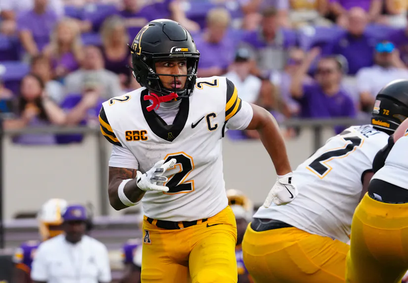 Appalachian State wide receiver Kaedin Robinson runs in motion against East Carolina. We're backing Robinson in our South Alabama vs. Appalachian State prediction.