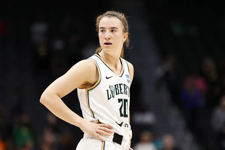 Sabrina Ionescu of the New York Liberty looks on as we share the top Mystics vs. Liberty promo