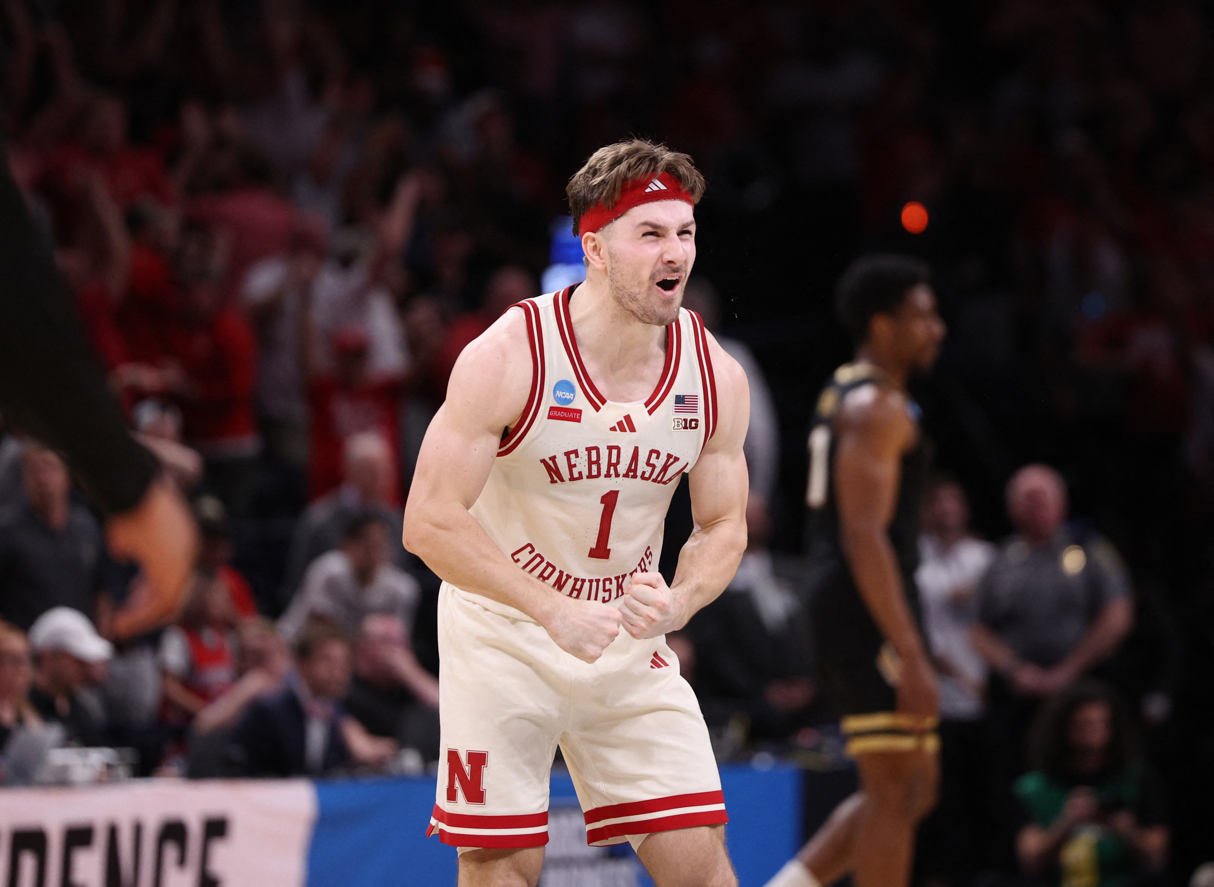 Nebraska Cornhuskers guard Sam Hoiberg reacts as we make our best Iowa vs. Nebraska prediction and parlay.