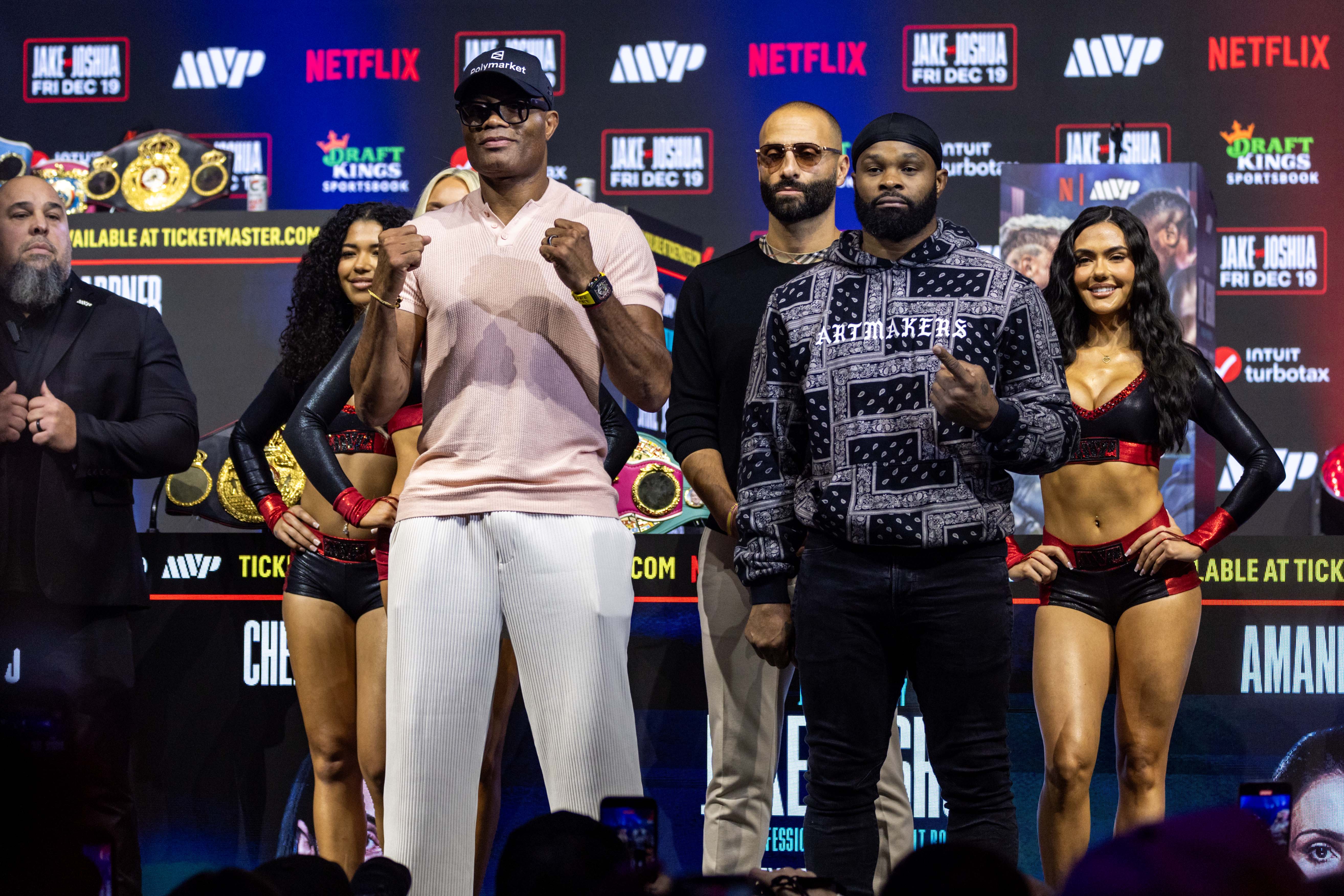 Anderson Silva and Tyron Woodley face the media during the press conference for the upcoming Jake Paul vs Anthony Joshua boxing match on Netflix as we look at our Anderson Silva vs. Tyron Woodley predictions