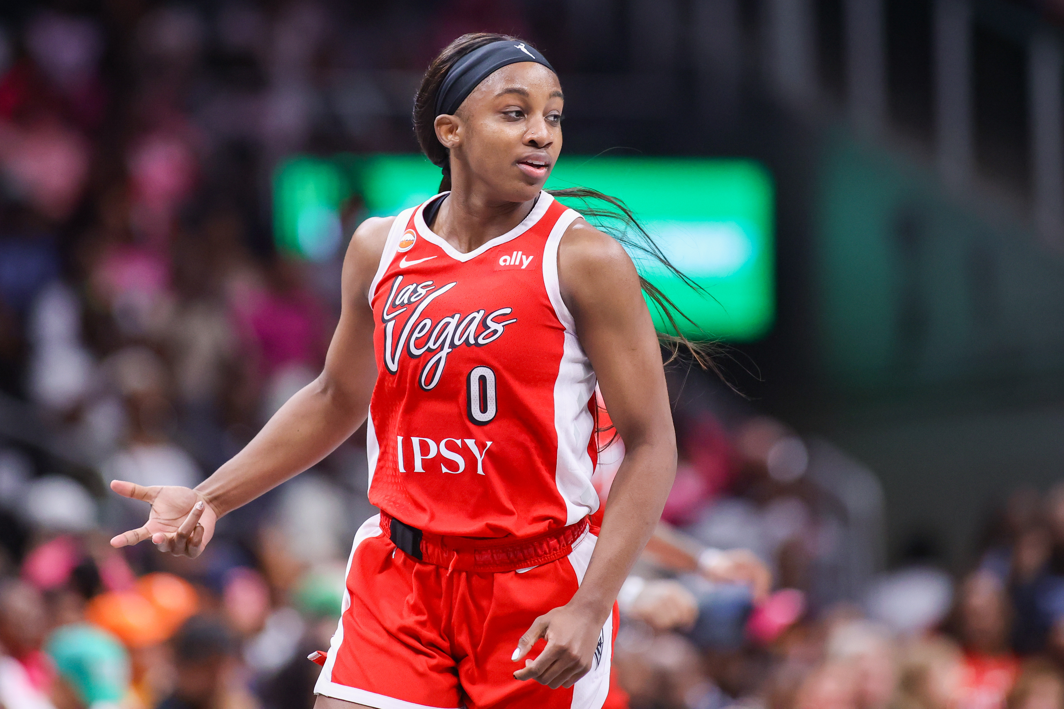 Las Vegas Aces guard Jackie Young (0) reacts as we break down our Aces vs. Fever prediction.