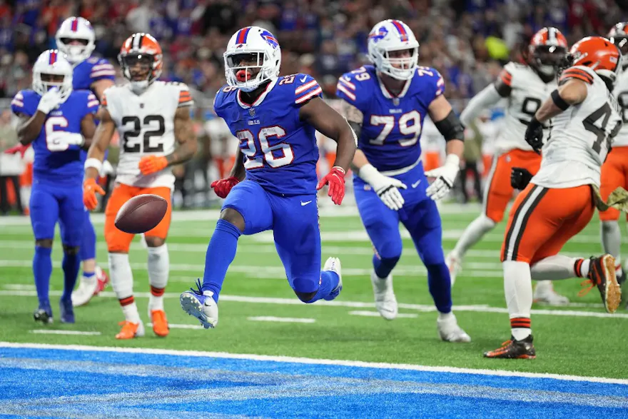 Devin Singletary of the Buffalo Bills celebrates after scoring a touchdown against the Cleveland Browns at Ford Field on Nov. 20, 2022 in Detroit, Michigan.