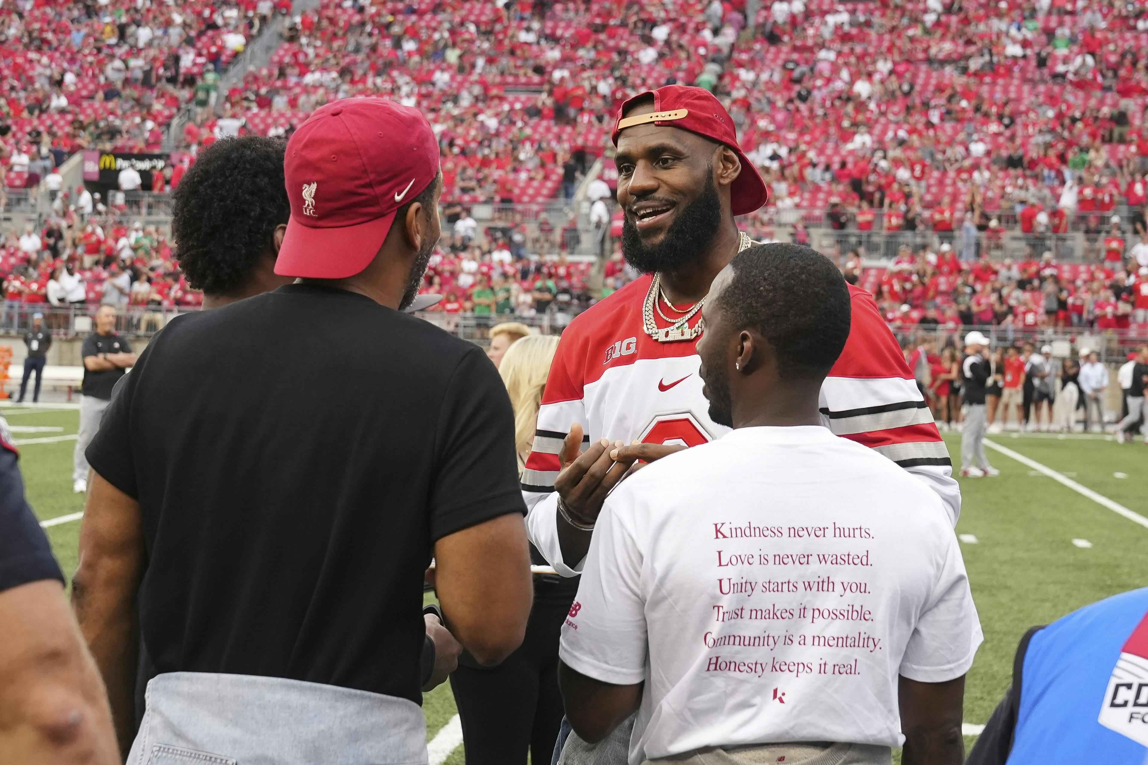 LeBron James walks the sideline prior to the NCAA football game between the Ohio State Buckeyes and Notre Dame Fighting Irish at Ohio Stadium.