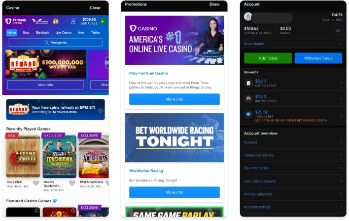 Screenshot of FanDuel Casino mobile app.