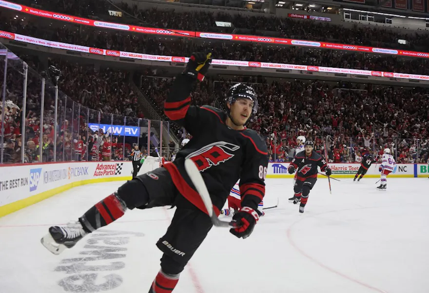 Teuvo Teravainenof the Carolina Hurricanes scores a second-period power-play goal against the New York Rangers in Game 5 of the Second Round of the 2022 Stanley Cup Playoffs at PNC Arena.
