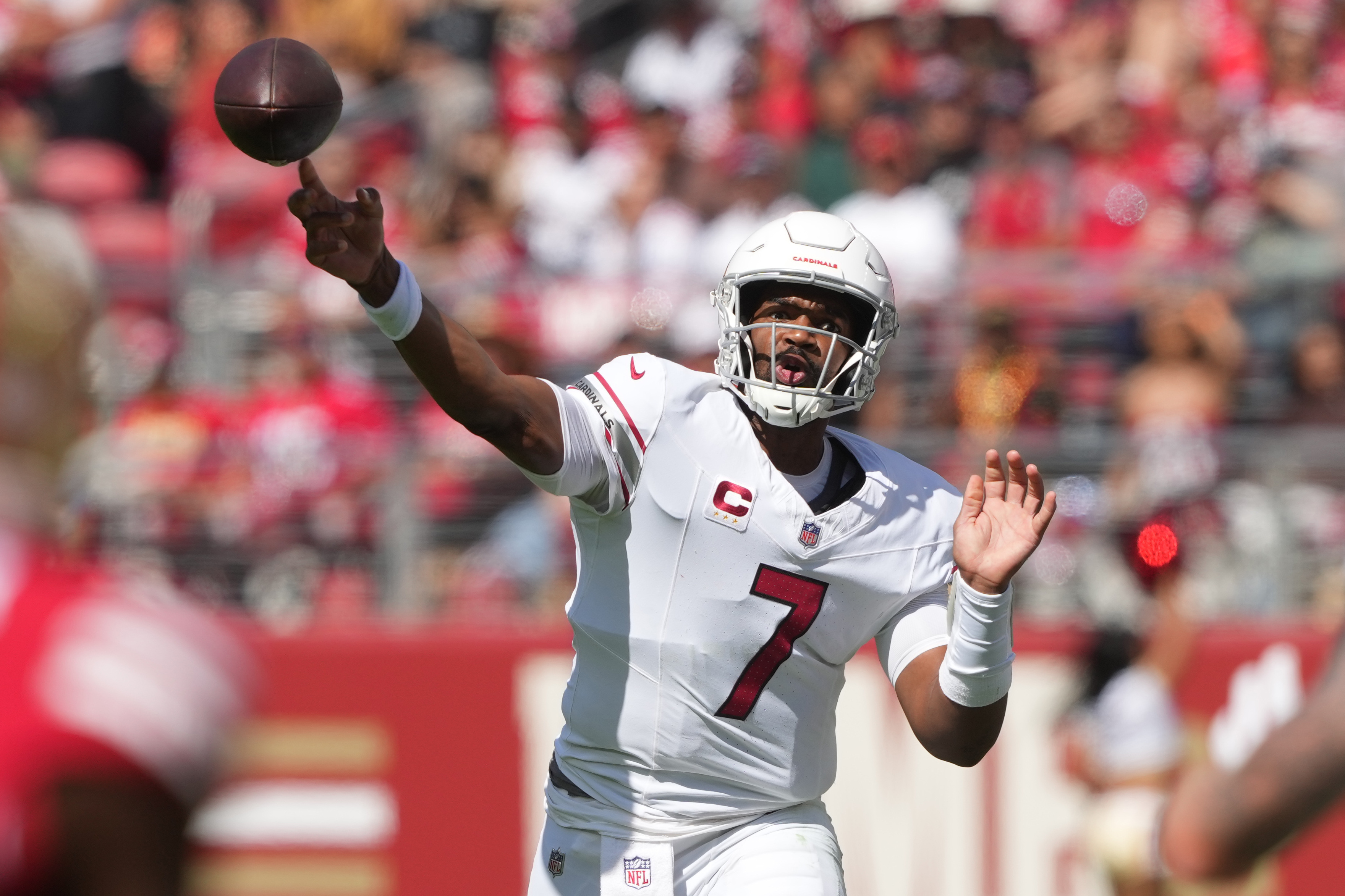 Pictured: Jacoby Brissett throws a pass as we break down our Cardinals vs. Giants Prediction. Photo by Darren Yamashita-Imagn Images.