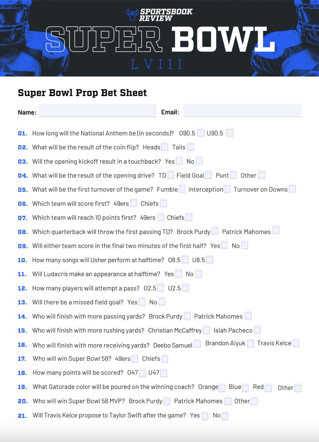 A free printable 2024 Super Bowl prop bet sheet.