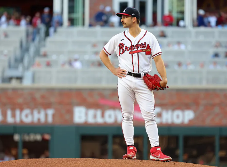 Spencer Strider of the Atlanta Braves waits to pitch in the first inning against the Miami Marlins, and we offer our top odds and predictions for Braves vs. Dodgers