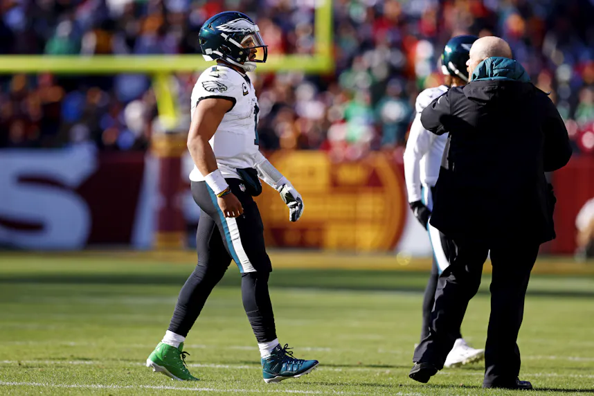 Philadelphia Eagles quarterback Jalen Hurts walks off the field, as we examine the Philadelphia Eagles Super Bowl odds and best NFL futures bets after Week 16.