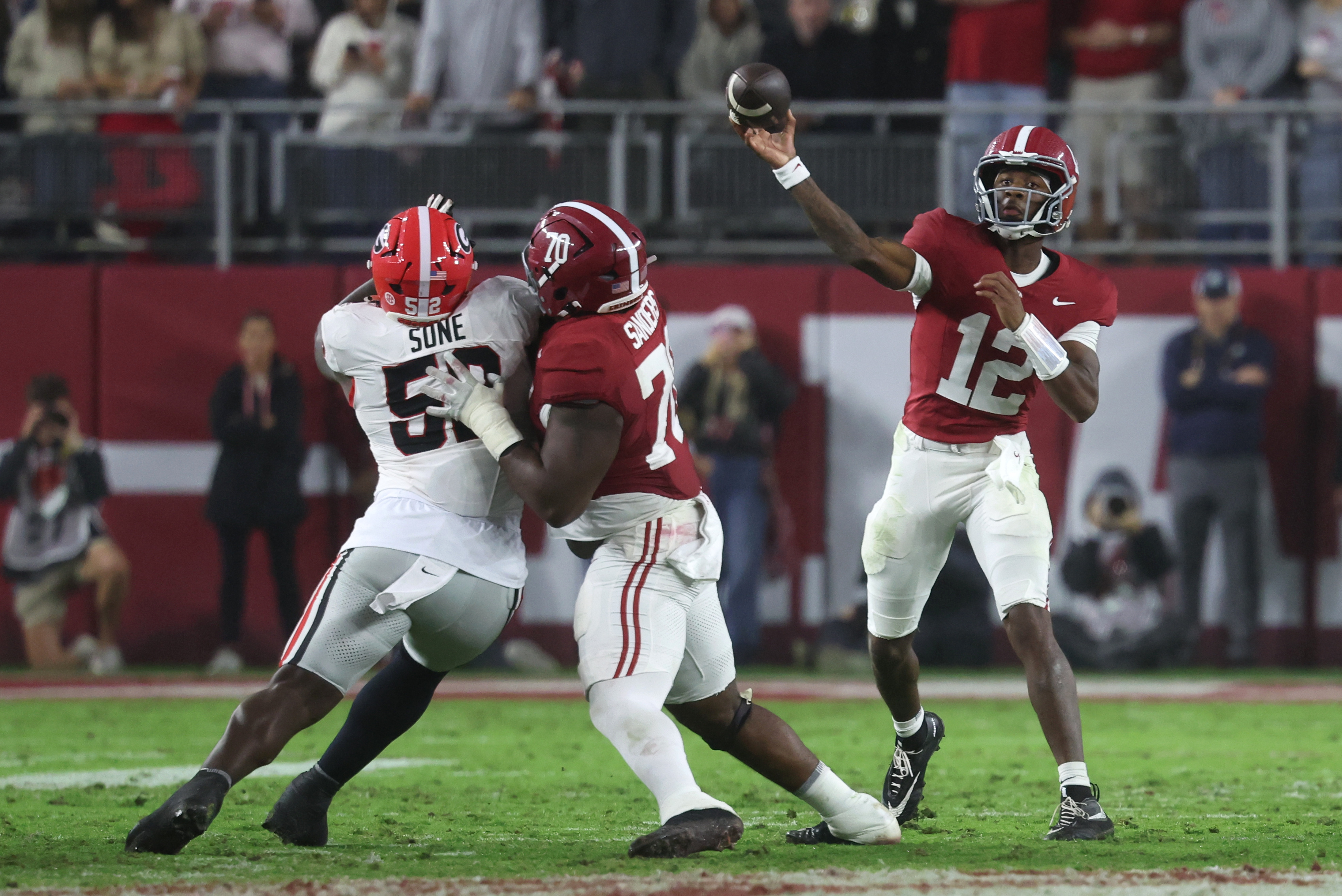 Pictured: Crimson Tide quarterback Keelon Russell throwing a pass as we break down our Alabama vs. Tennessee Prediction. Photo by David Leong-Imagn Images.