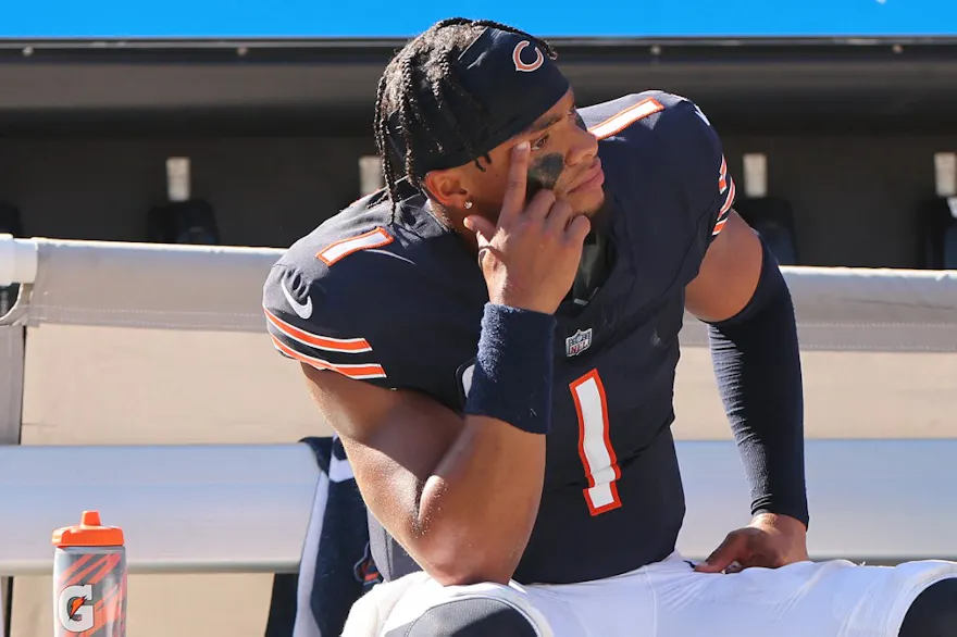 Justin Fields #1 of the Chicago Bears reacts after losing as we look at our Bears-Commanders prediction