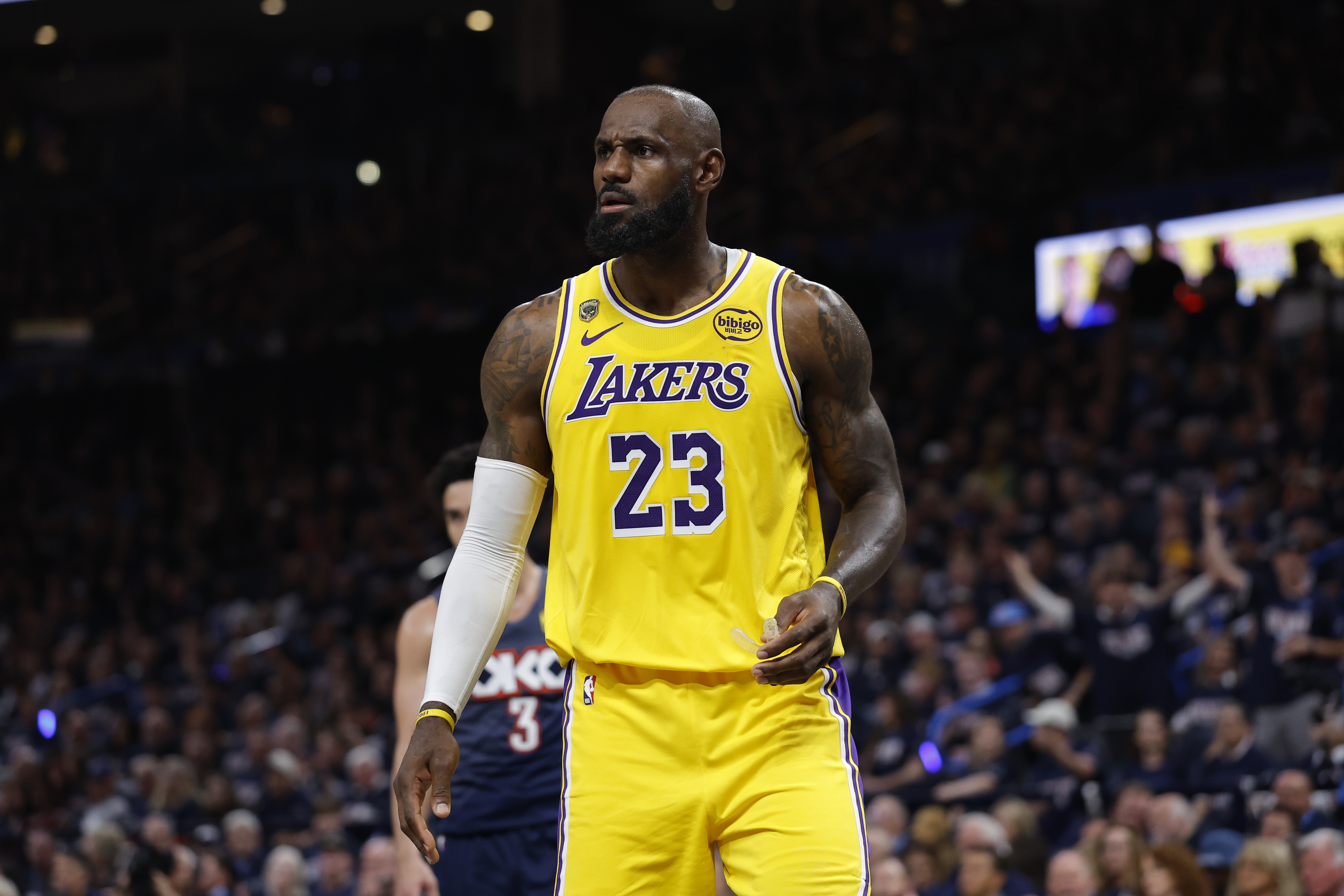 Los Angeles Lakers forward LeBron James (23), seen here reacting during a game, is featured in our Thunder vs. Lakers player props for Game 3 today.