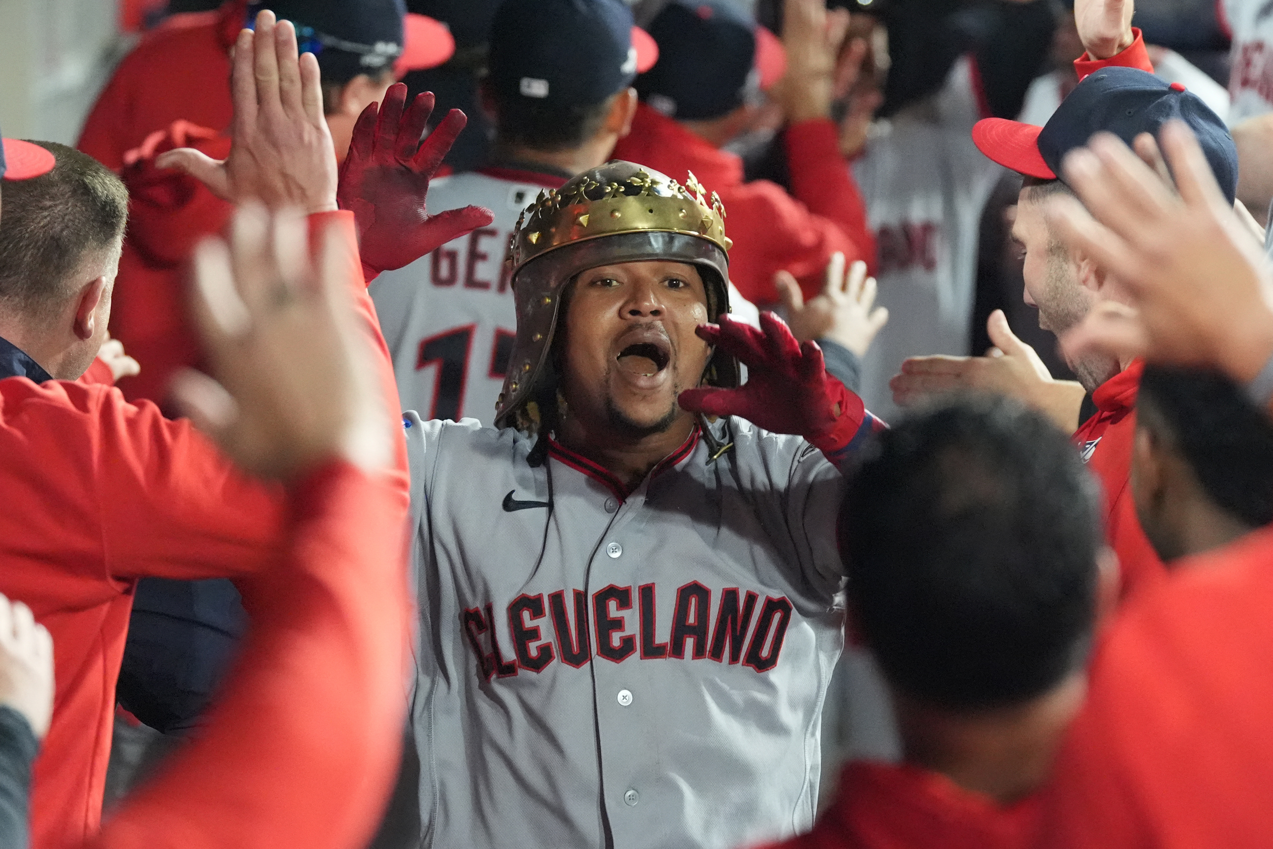 Guardians third baseman Jose Ramirez (11) celebrates as we break down our White Sox vs. Guardians prediction.