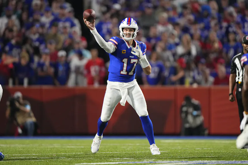 Buffalo Bills quarterback Josh Allen throws against the Jacksonville Jaguars as we offer our best Allen player props for the SNF featuring the Bills and Ravens.
