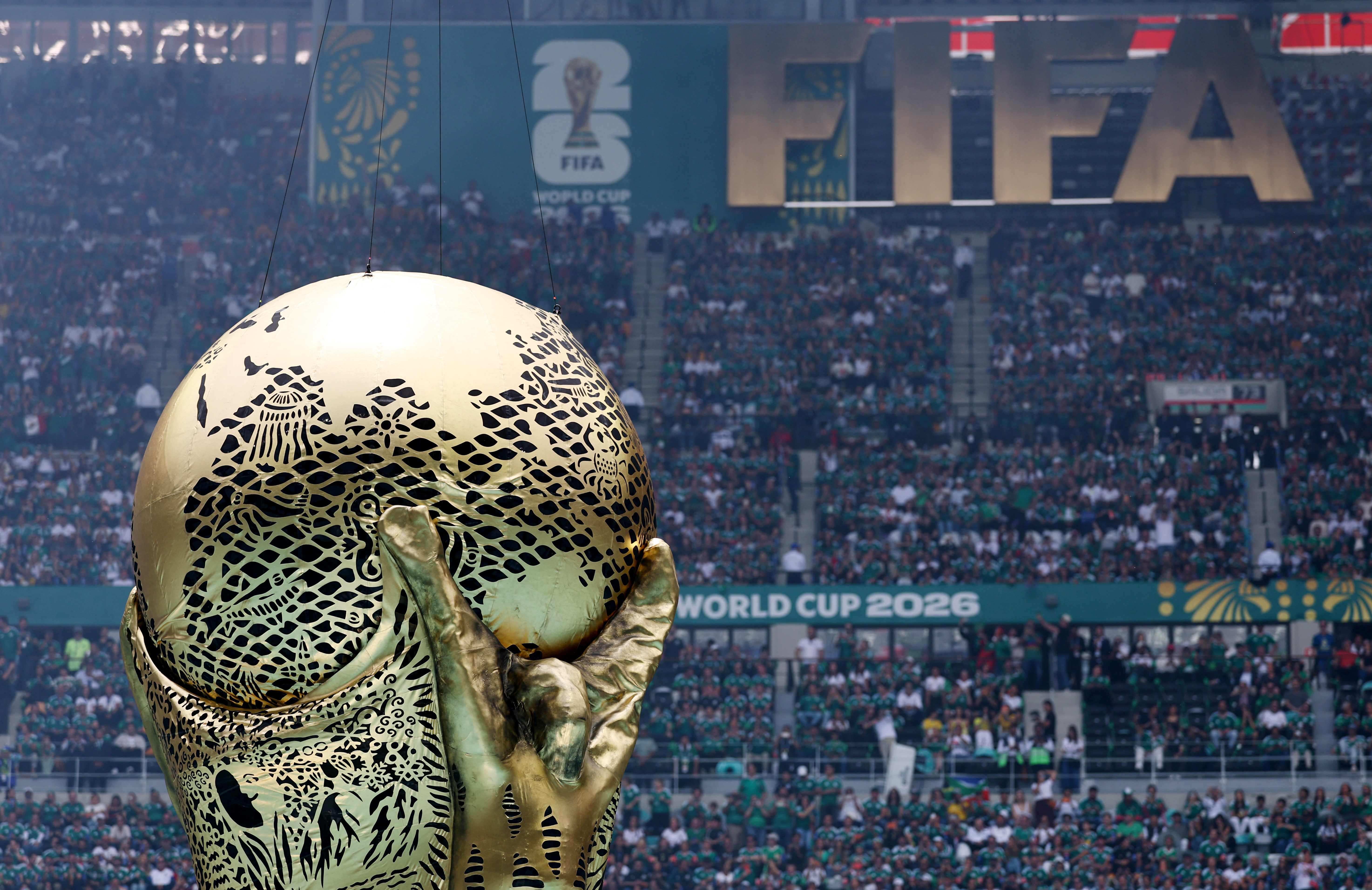 General view of a replica World Cup trophy during the opening ceremony at Estadio Azteca before World Cup 2026.