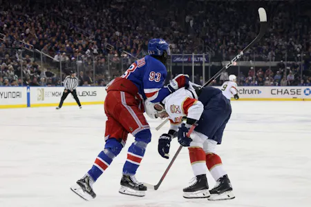 Mika Zibanejad battles against Evan Rodrigues during the third period in Game 1 of the Eastern Conference Final as Gary Pearson offers his best props and predictions for Friday's Game 2 between the Florida Panthers and New York Rangers. 