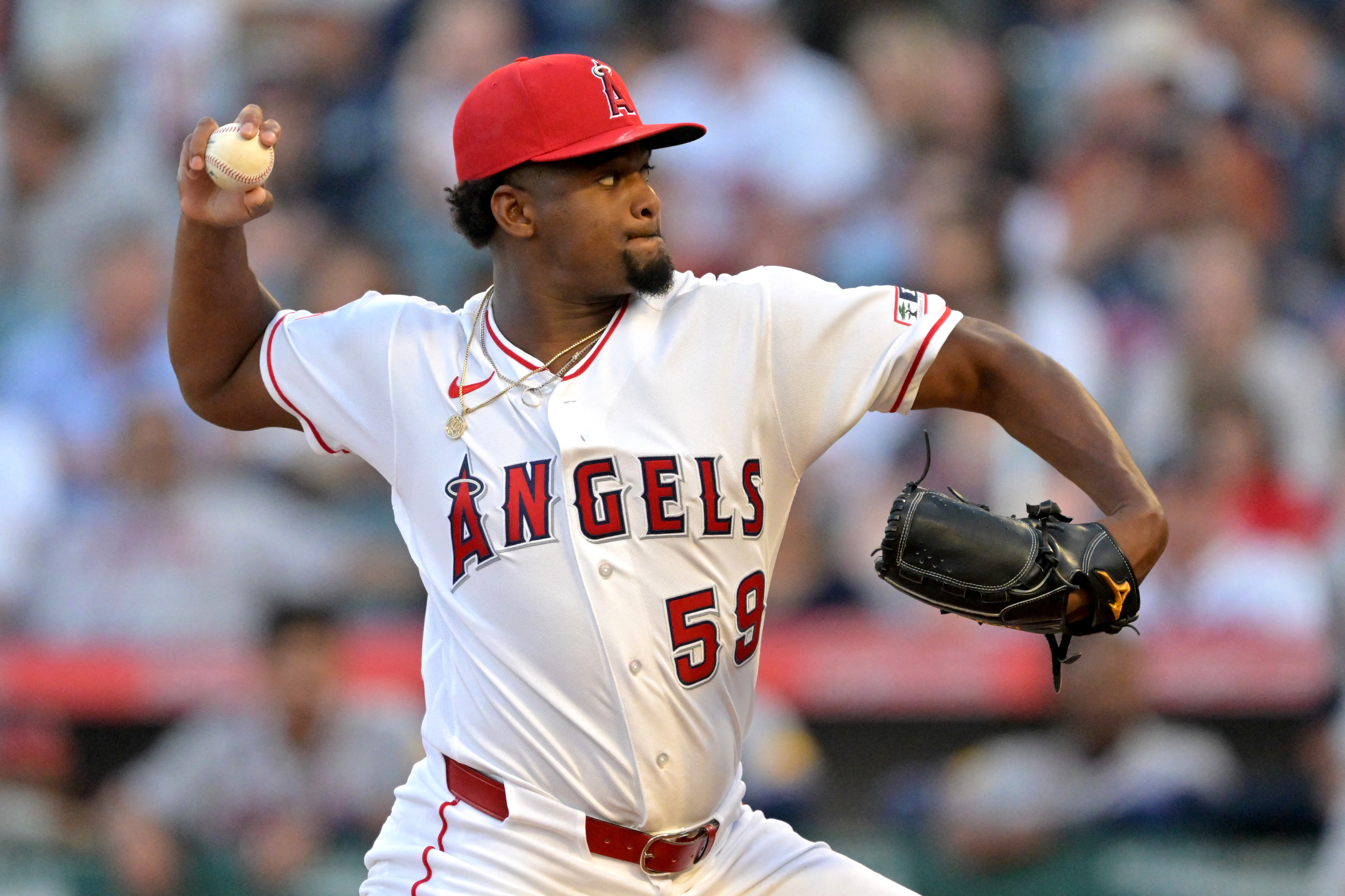 Los Angeles Angels pitcher Jose Soriano - who's featured in my best NRFI bets today - delivers to the plate in the first inning. 