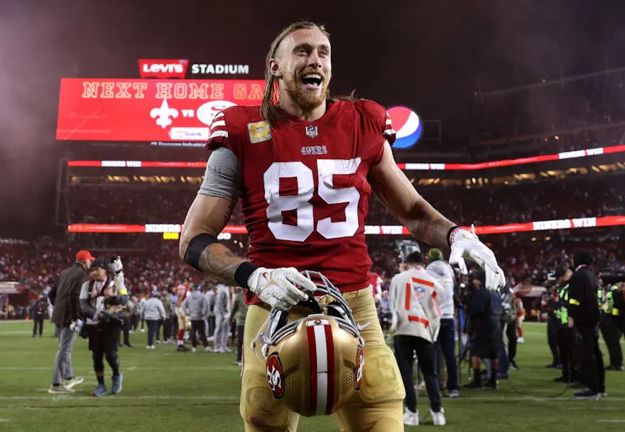 George Kittle of the San Francisco 49ers reacts after defeating the Los Angeles Chargers at Levi's Stadium.