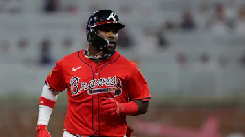 Michael Harris II #23 of the Atlanta Braves reacts as he rounds third base as we look at our Rangers vs. Braves player prop predictions for April 21, 2024