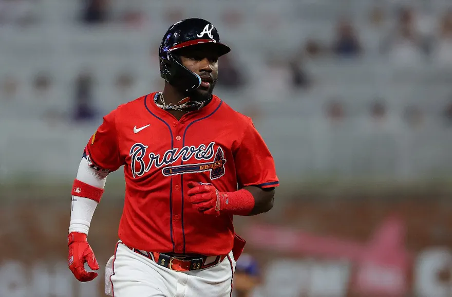 Michael Harris II #23 of the Atlanta Braves reacts as he rounds third base as we look at our Rangers vs. Braves player prop predictions for April 21, 2024
