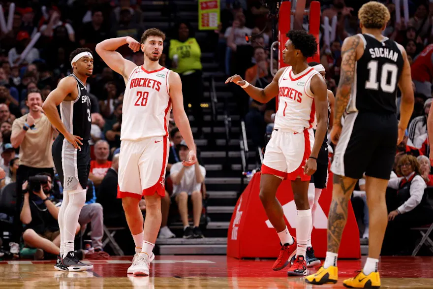 Alperen Sengun of the Houston Rockets reacts after a basket against the San Antonio Spurs, and we offer our top Clippers vs. Rockets player props based on the best NBA odds.