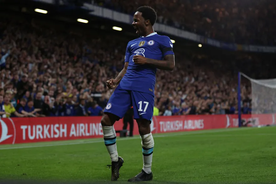 Chelsea midfielder Raheem Sterling celebrates after scoring the first goal of the match against Red Bull Salzburg. 