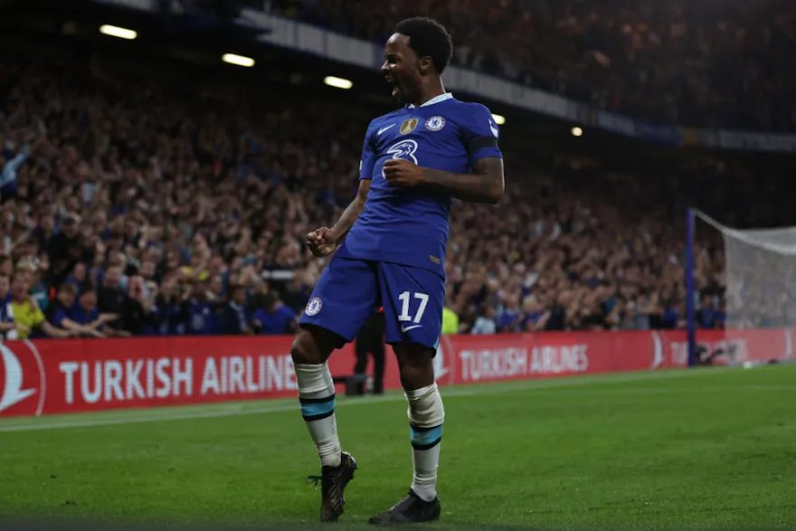 Chelsea midfielder Raheem Sterling celebrates after scoring the first goal of the match against Red Bull Salzburg.