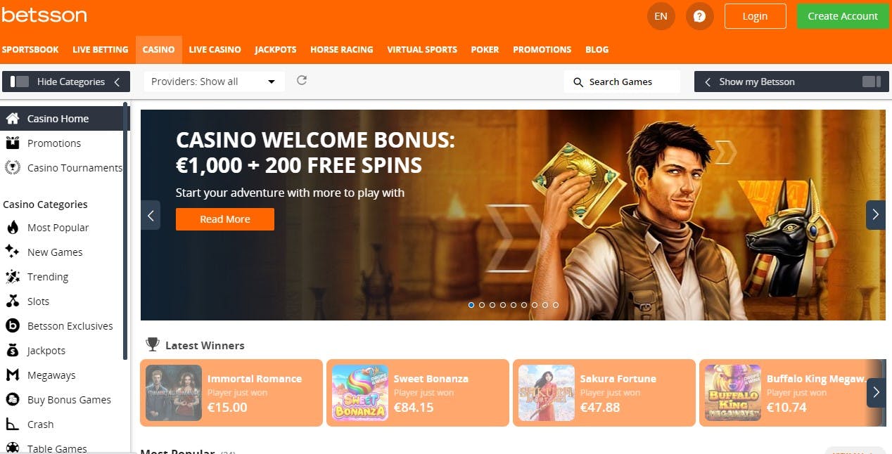 Betsson Casino homepage<br>