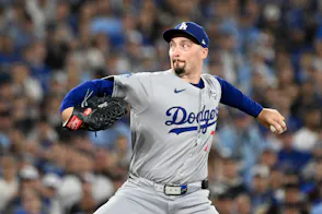 Los Angeles Dodgers pitcher Blake Snell (7) throws a pitch in the World Series as we offer our Blue Jays vs. Dodgers same-game parlay.