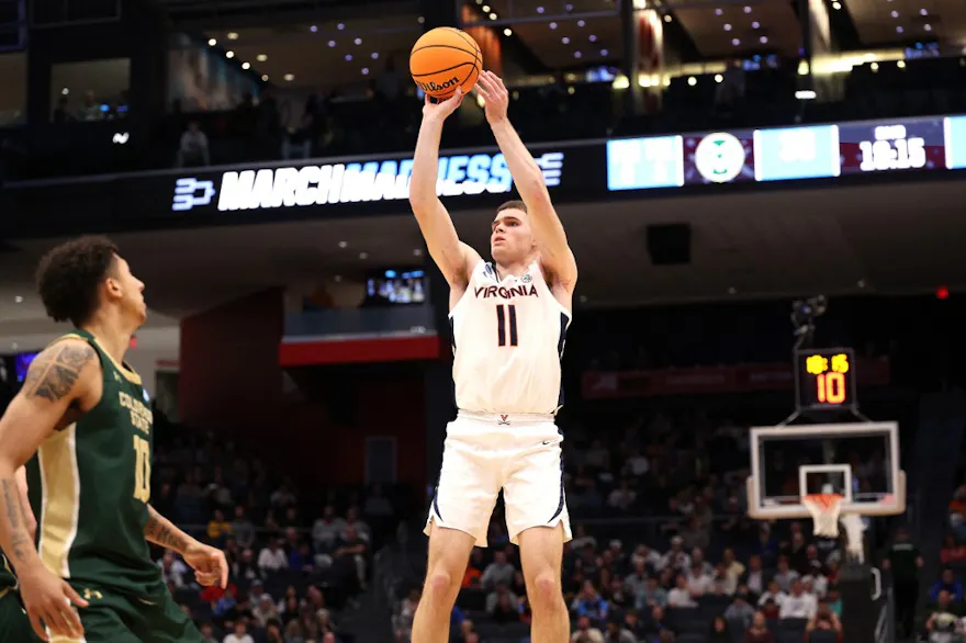 Isaac McKneely #11 of the Virginia Cavaliers shoots the ball during the second half as we look at Virginia's sports betting financials for February 2024.