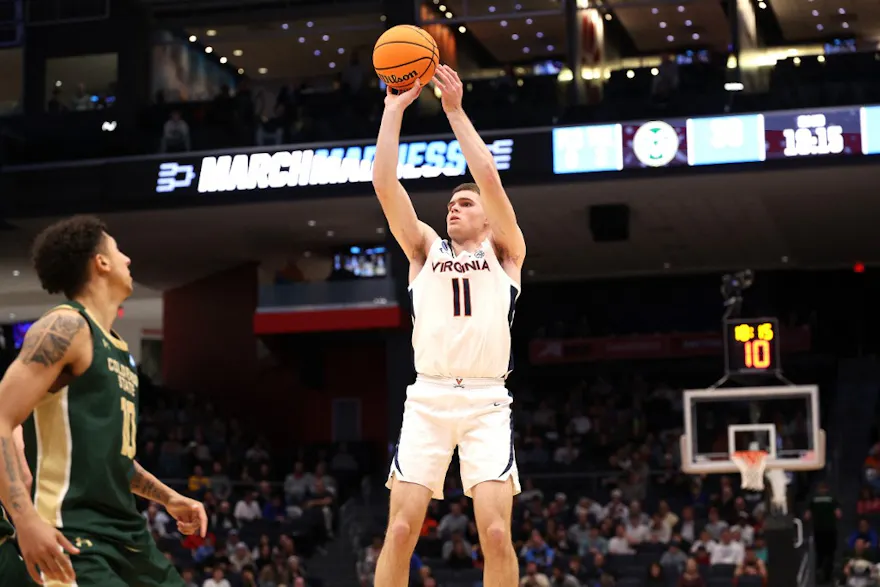 Isaac McKneely #11 of the Virginia Cavaliers shoots the ball during the second half as we look at Virginia's sports betting financials for February 2024.