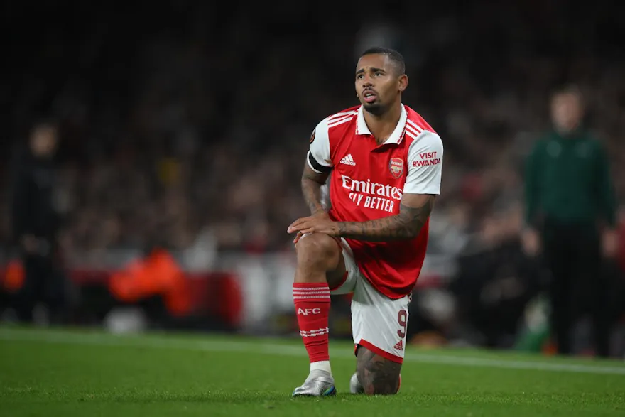 Arsenal's Brazilian striker Gabriel Jesus reacts during the UEFA Europa League Group A football match between Arsenal and Bodoe/Glimt at The Arsenal Stadium in London, on October 6, 2022.