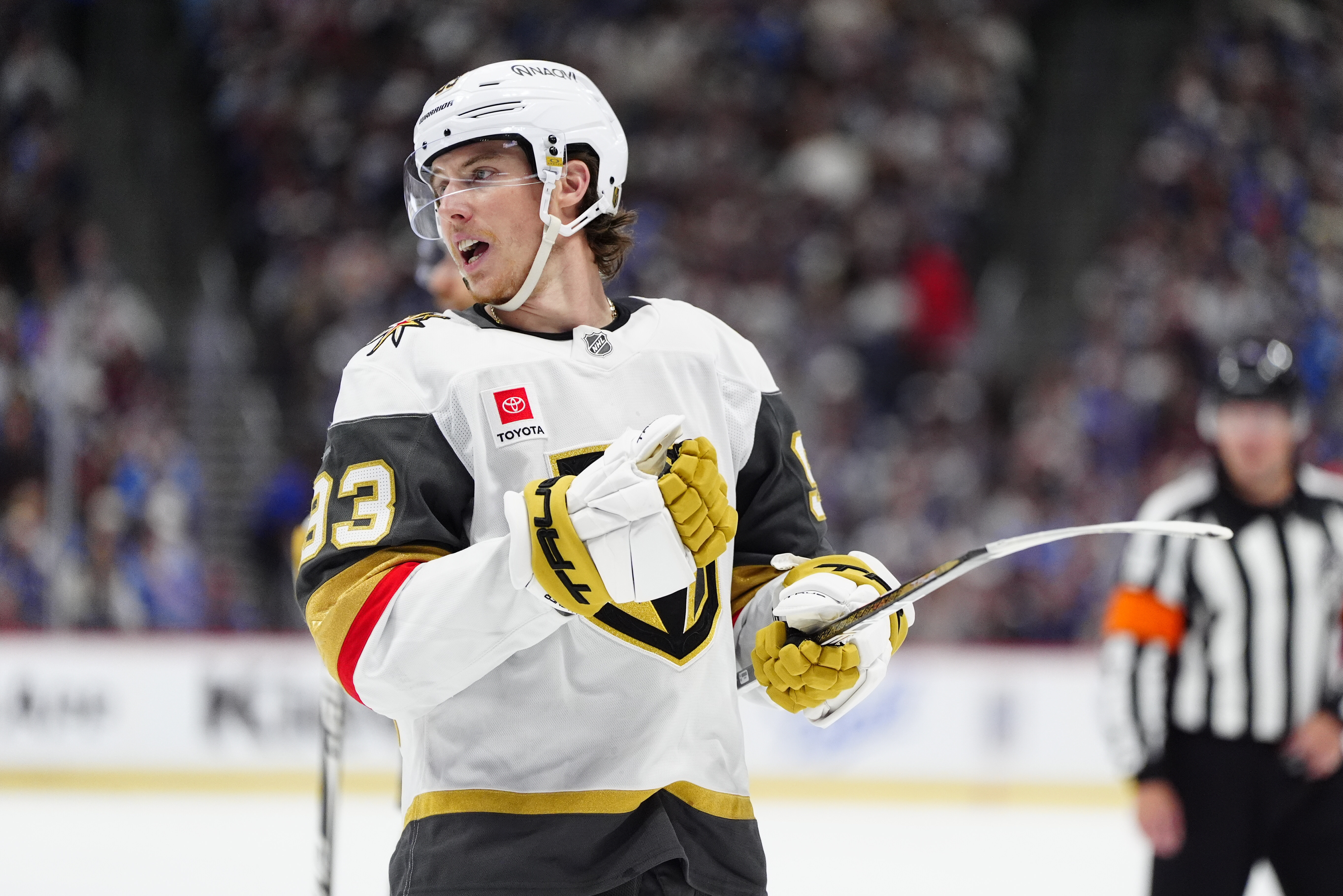 Vegas Golden Knights forward Mitch Marner (93) looks on as we provide our Conn Smythe predictions.