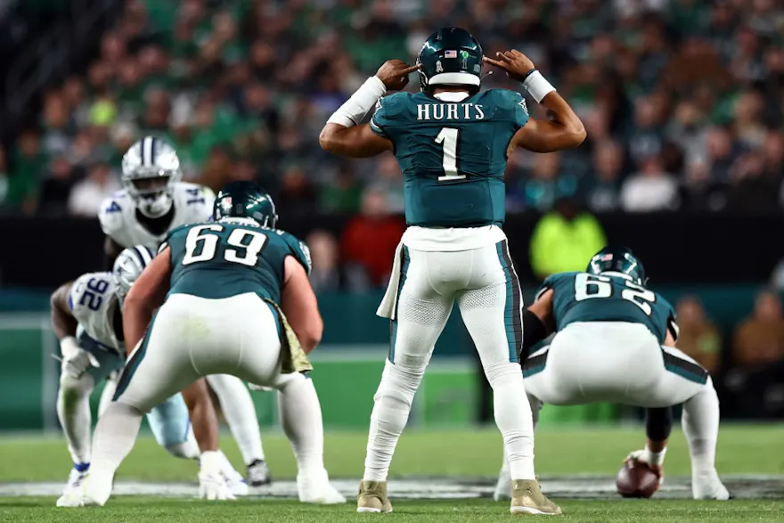 Jalen Hurts #1 of the Philadelphia Eagles reacts as we look at our NFL predictions for Week 11