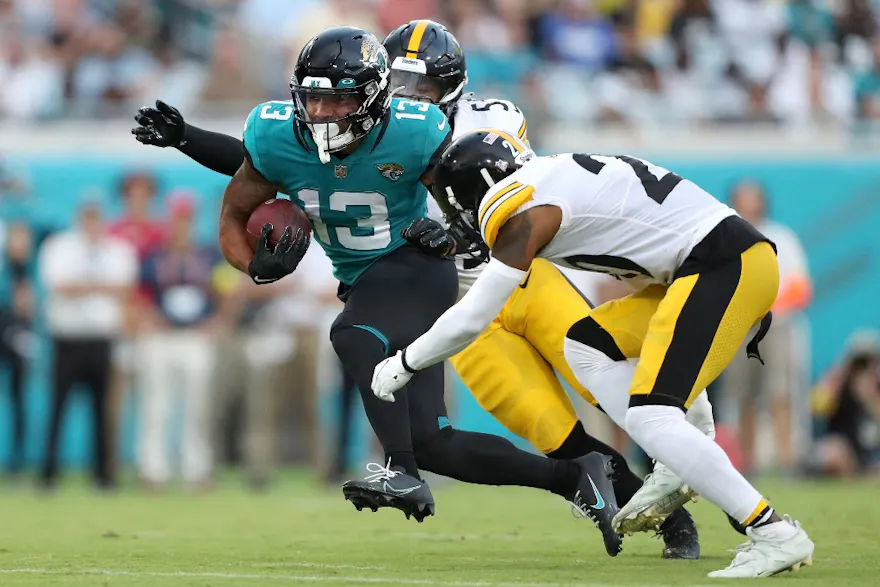 Christian Kirk of the Jacksonville Jaguars catches a pass in the first half against the Pittsburgh Steelers at TIAA Bank Field.