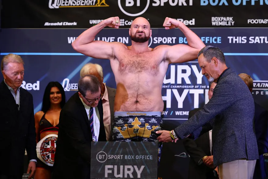 World Boxing Council heavyweight title holder Britain's Tyson Fury reacts during his weigh-in at the Wembley Stadium, in London, on April 22, 2022 on the eve of his fight against Dillian Whyte as we look at our Fury-Ngannou prediction.