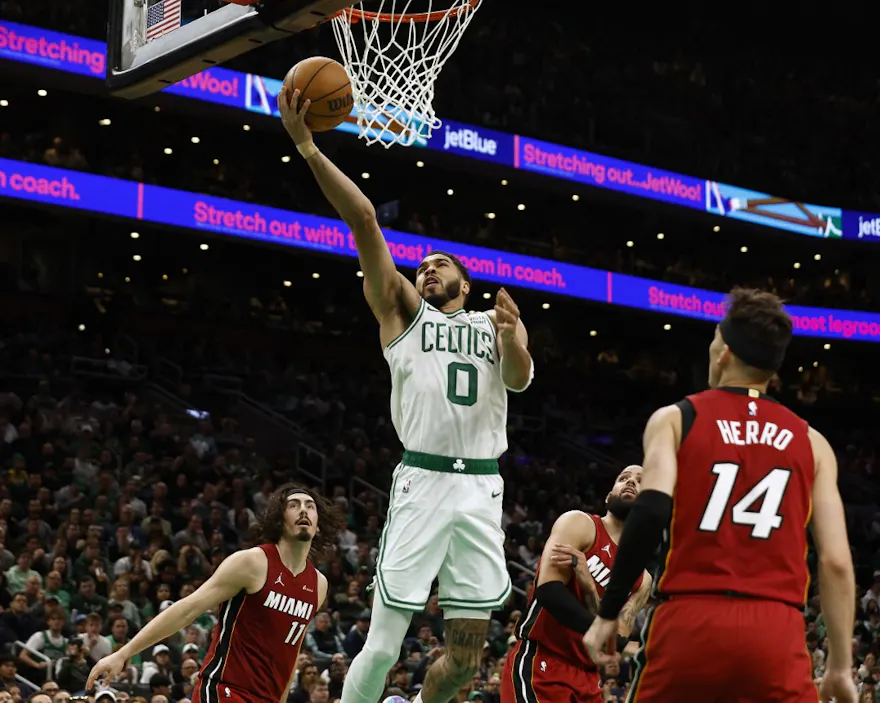 Jayson Tatum of the Boston Celtics goes to the basket as we look at the best NBA Finals MVP odds