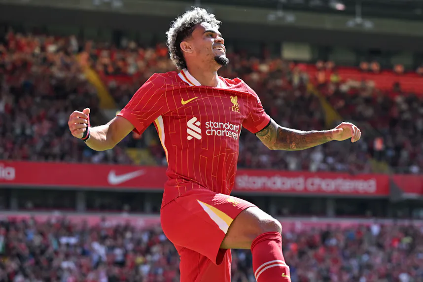 Luis Diaz of Liverpool celebrates his goal against Sevilla.